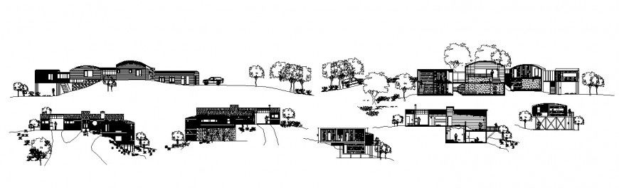 All sided elevation and section drawing details of beautiful bungalow on mountain dwg file