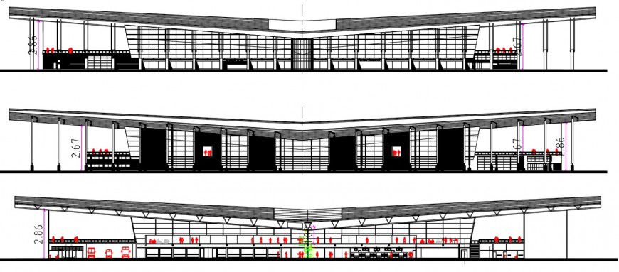 All sided elevation and section drawing details of international airport building dwg file