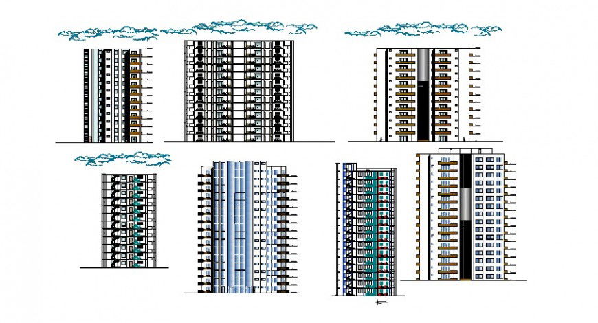 All sided elevation and section drawing details of multi-family residential building dwg file