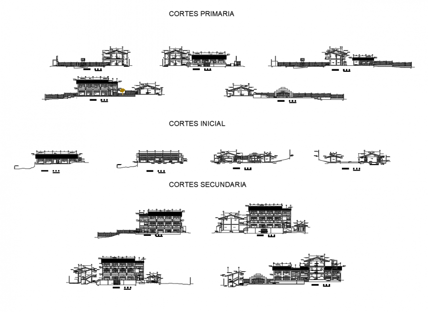 All sided elevation and section drawing details of multi-story educational building dwg file