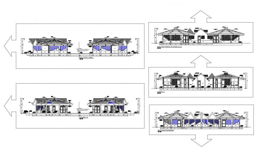 All sided elevation and sectional details of classic restaurant dwg file