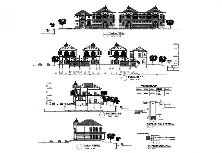 All sided elevation and sectional details of classical residential apartment building dwg file