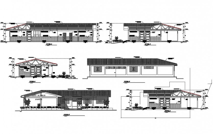 All sided elevation and sectional details of health post building dwg file