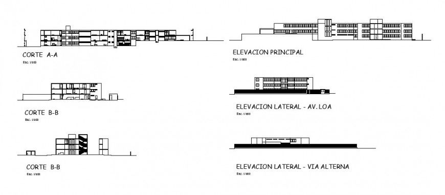 All sided elevation and sectional details of hospital center building dwg file
