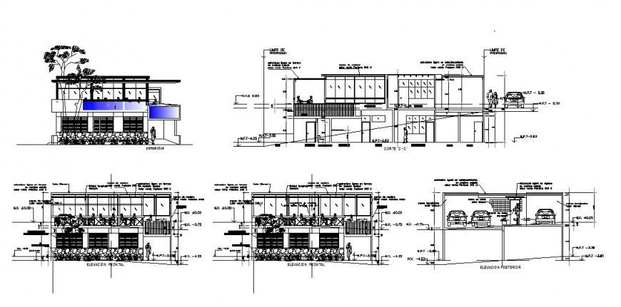 All sided elevation and sectional details of luxuries bungalow dwg file