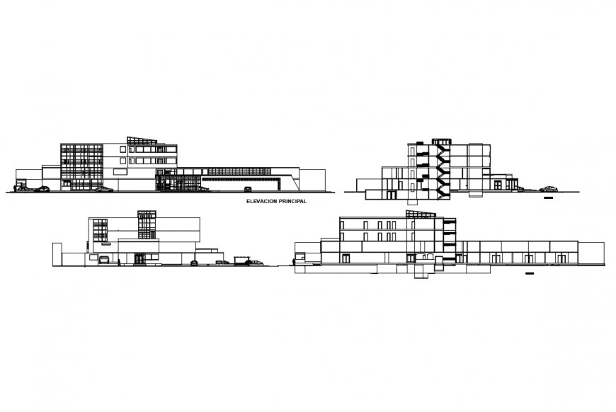 All sided elevation and sectional details of multi-story hospital dwg file
