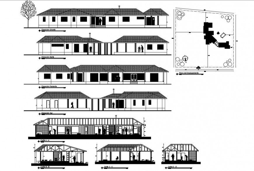All sided elevation and sectional details of one family house dwg file