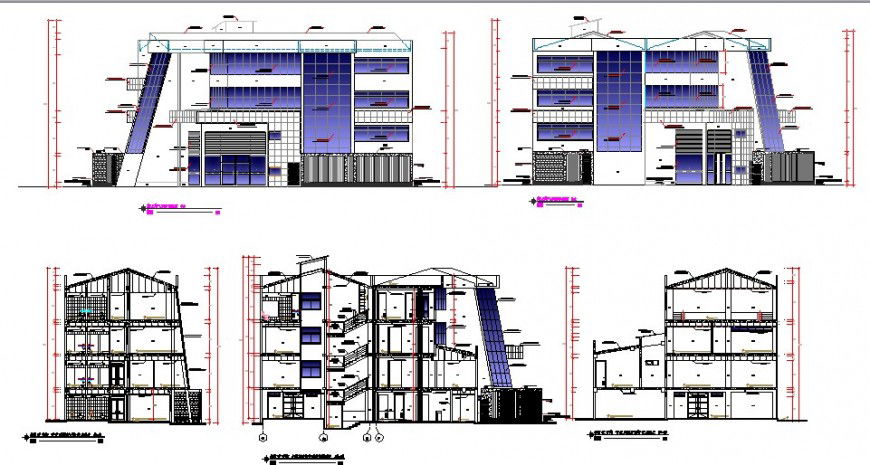 All sided elevation and sectional details of regional office building dwg file