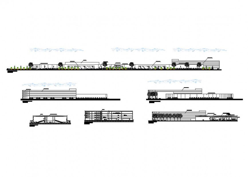 All sided elevation and sectional details of southern university building dwg file