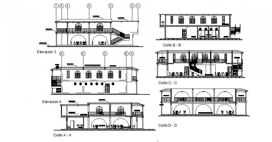 All sided elevation and sectional details of two-story restaurant dwg file