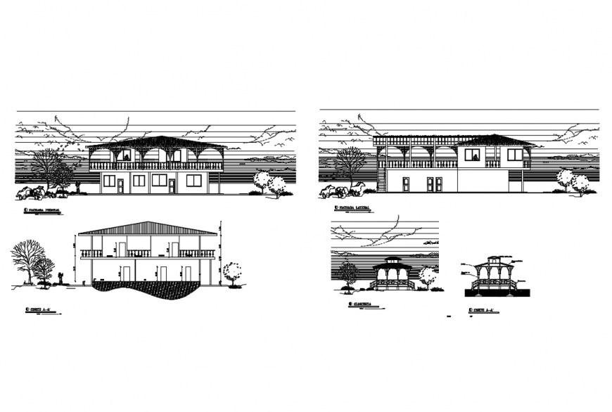 All sided elevation and sectional details of two flooring house dwg file