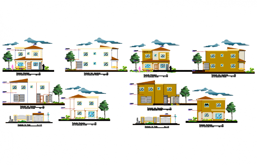 All sided elevation and sectional details of two story family house dwg file