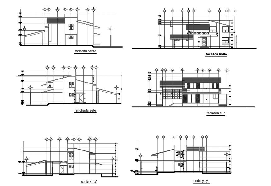 All sided elevation and sectional drawing details of residential house dwg file