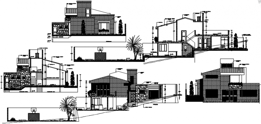 All sided elevation and sections drawing details rural house dwg file