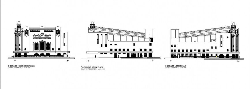 All sided elevation details of classic multi-story auditorium hall dwg file