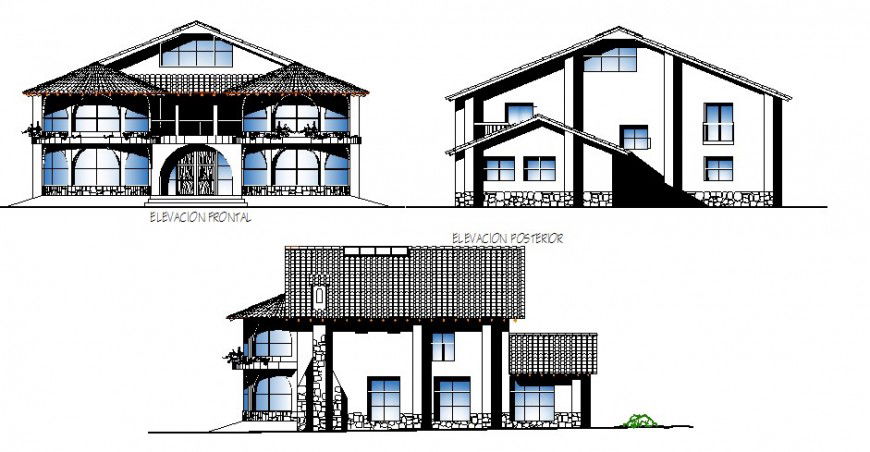 All sided elevation details of luxuries bungalow dwg file