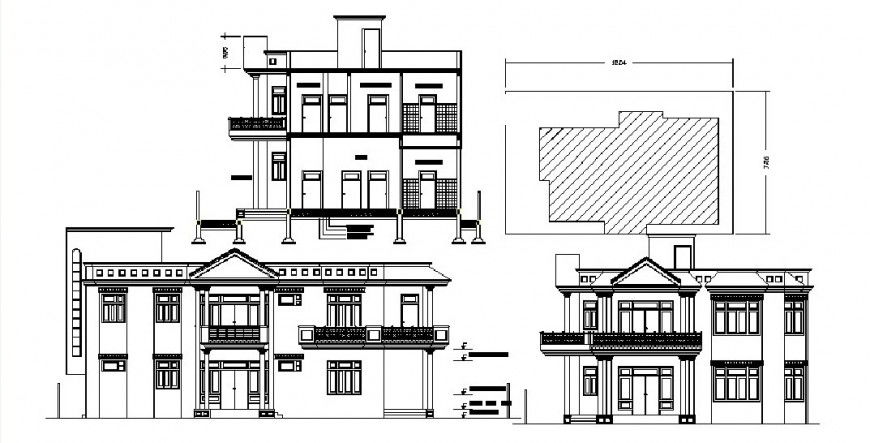 All sided elevation details of modern two story bungalow dwg file
