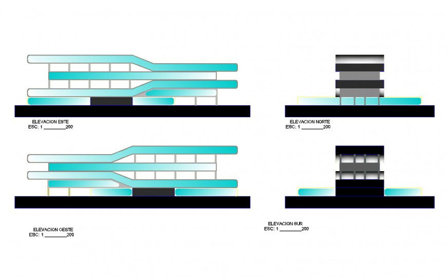 All sided elevation details of multi-level hotel building dwg file