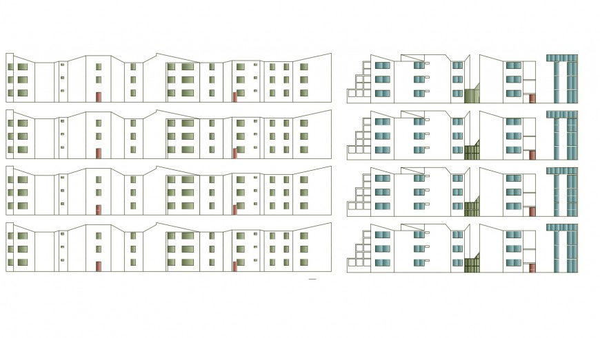 All sided elevation details of multi-story residential apartment building dwg file