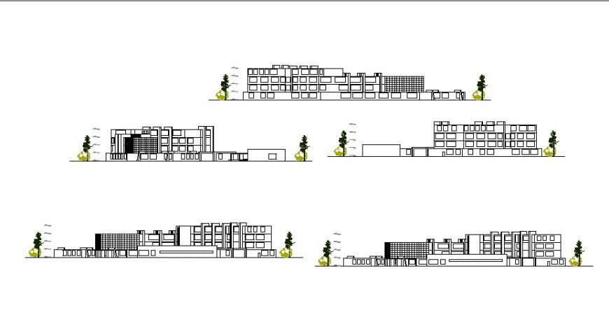 All sided elevation details of multi-story school building dwg file