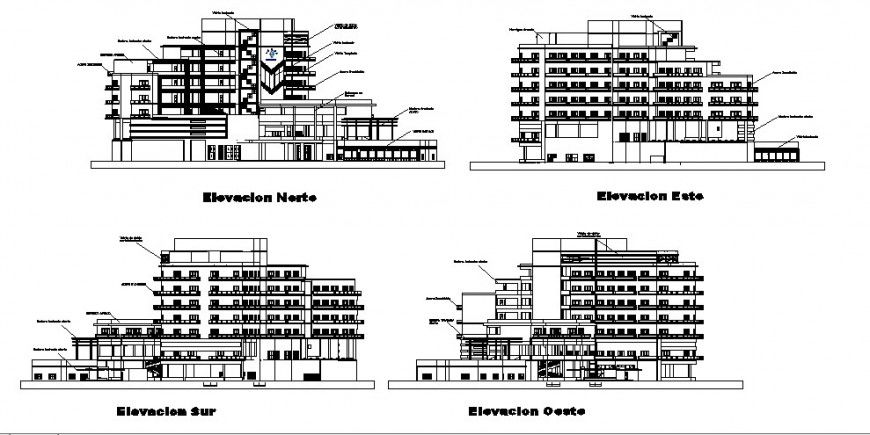 All sided elevation details of multi-story sea view hotel cad drawing details dwg file