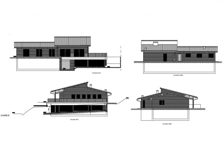 All sided elevation details of one family house dwg file