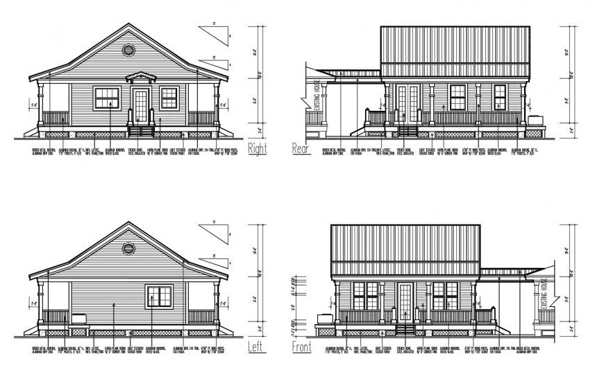 All sided elevation details of single story cottage house dwg file