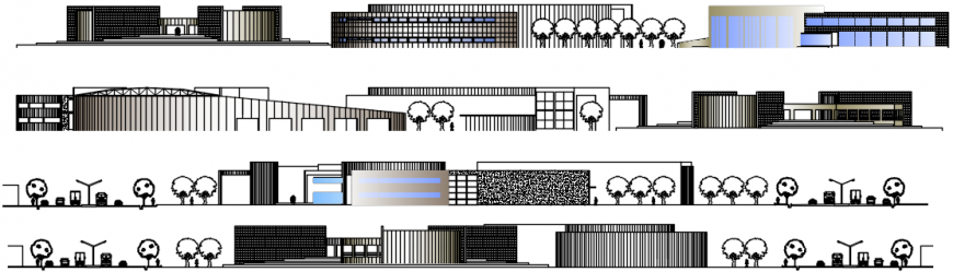 All sided elevation drawing details of community center dwg file