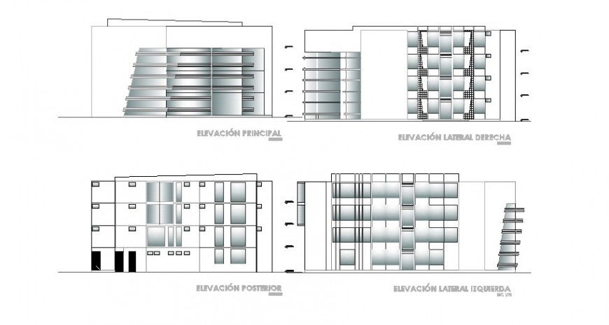 All sided elevation drawing details of four story apartment building dwg file
