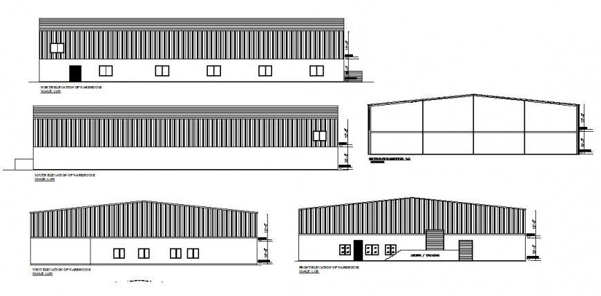 All sided elevation drawing details of industrial warehouse building dwg file