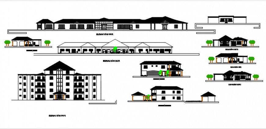 All sided elevation drawing details of multi-familiar building and house dwg file