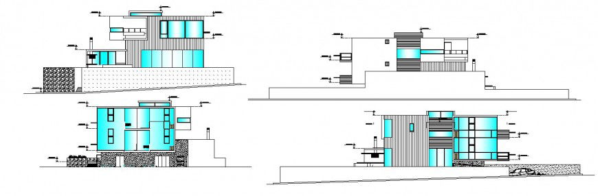 All sided elevation drawing details of multi-familiar residential bungalow dwg file