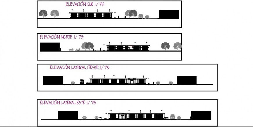 All sided elevation drawing details of multi-level hospital dwg file