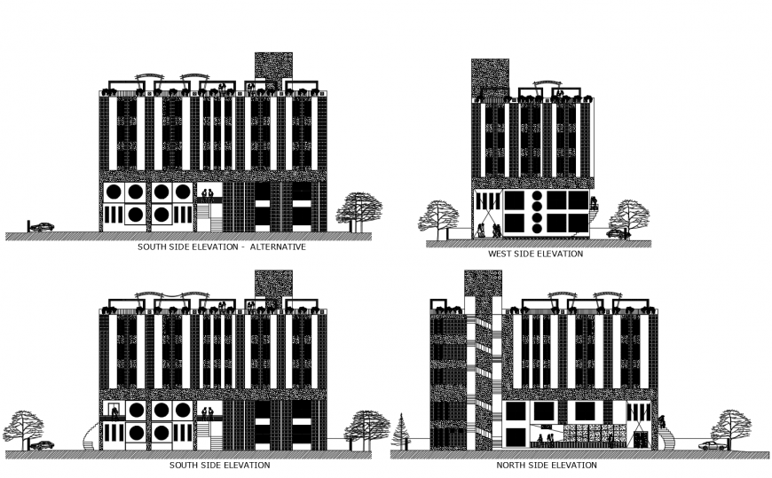 All sided elevation drawing details of multi-story hotel of gujarat dwg file