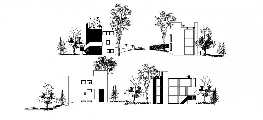 All sided elevation drawing details of three flooring residential house dwg file