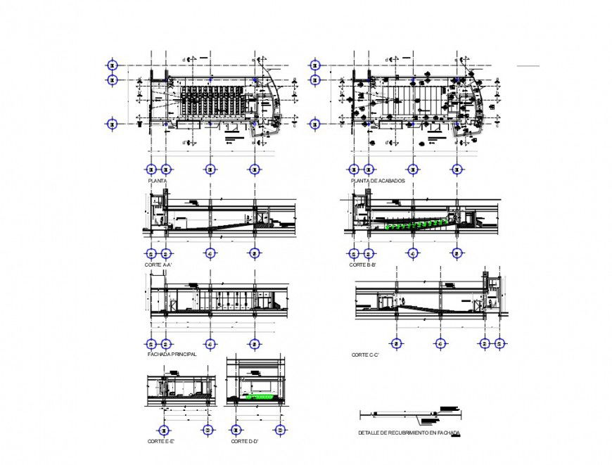 All sided elevation section and plan details of auditorium hall dwg file