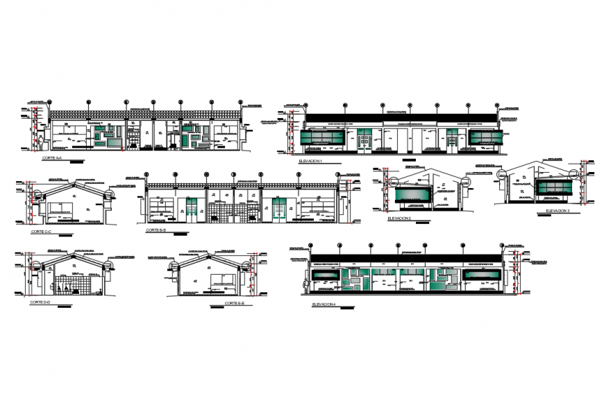 All sided elevations and sectional details of initial pre-school cad drawing details dwg file
