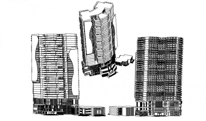 All sided isometric elevation drawing details of multi-story five star hotel building dwg file