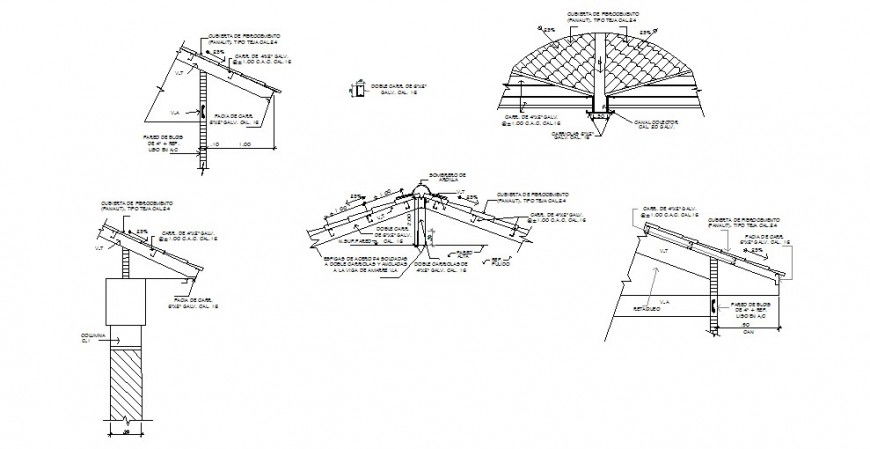 All sided roof section and constructive structure cad drawing details dwg file