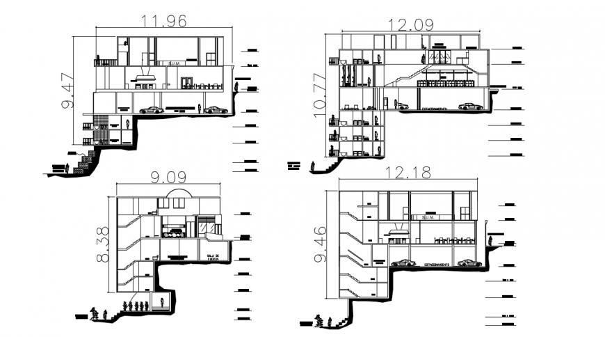 All sided section drawing details of multi-level four star hotel dwg file