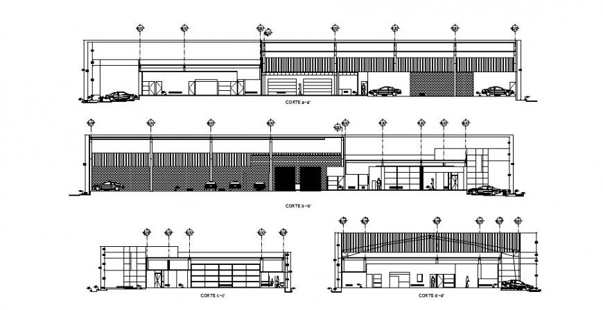 All sided section drawing details of multi-story office building dwg file