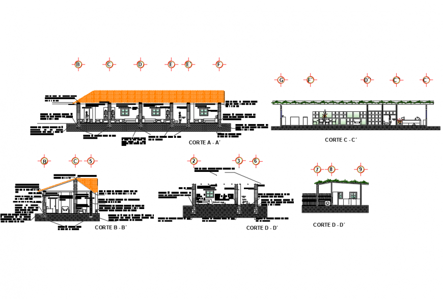 All sided sectional details of adobe one family house dwg file
