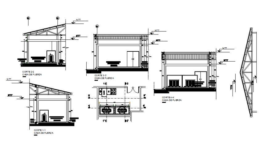 All sided sectional details of force house cad drawing details dwg file
