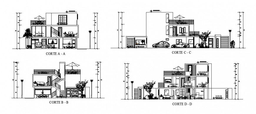 All sided sectional details of three story residential bungalow dwg file