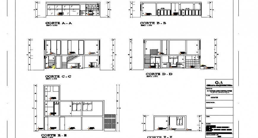 All sided sectional details of two-flooring office building dwg file