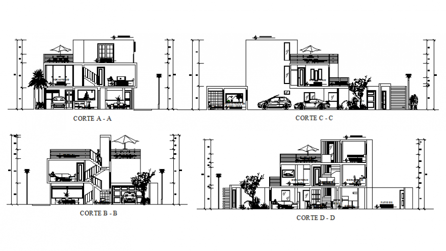 All sided sectional details of two-level house dwg file