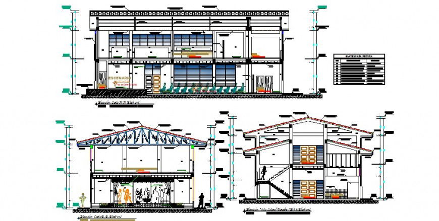 All sided sectional details of two-story auditorium hall dwg file