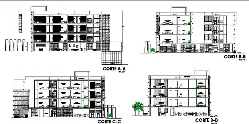 All sided sectional drawing details of apartment building dwg file