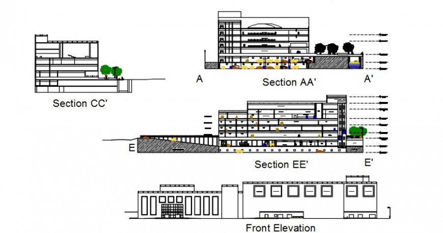 All sided sectional drawing details of multi-story shopping and commercial building dwg file