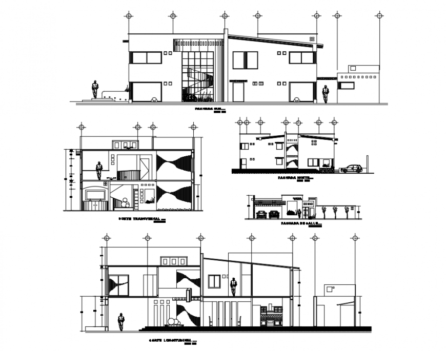 All sided sectional view details of two flooring one family house dwg file